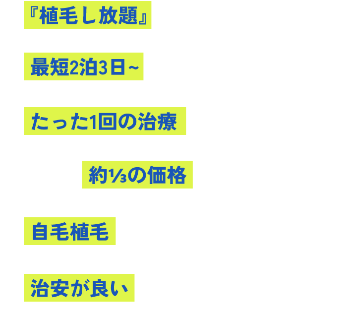 『植毛し放題』のお得プラン、日本の約⅓の価格、最短2泊3日~ (通院不要) 、自毛植毛だから安心、たった1回の治療で完了、治安が良いマレーシア